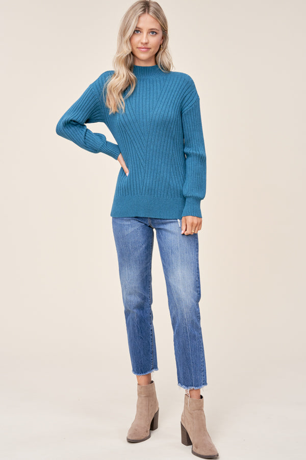 High Neck Ribbed Sweater Balloon Sleeves