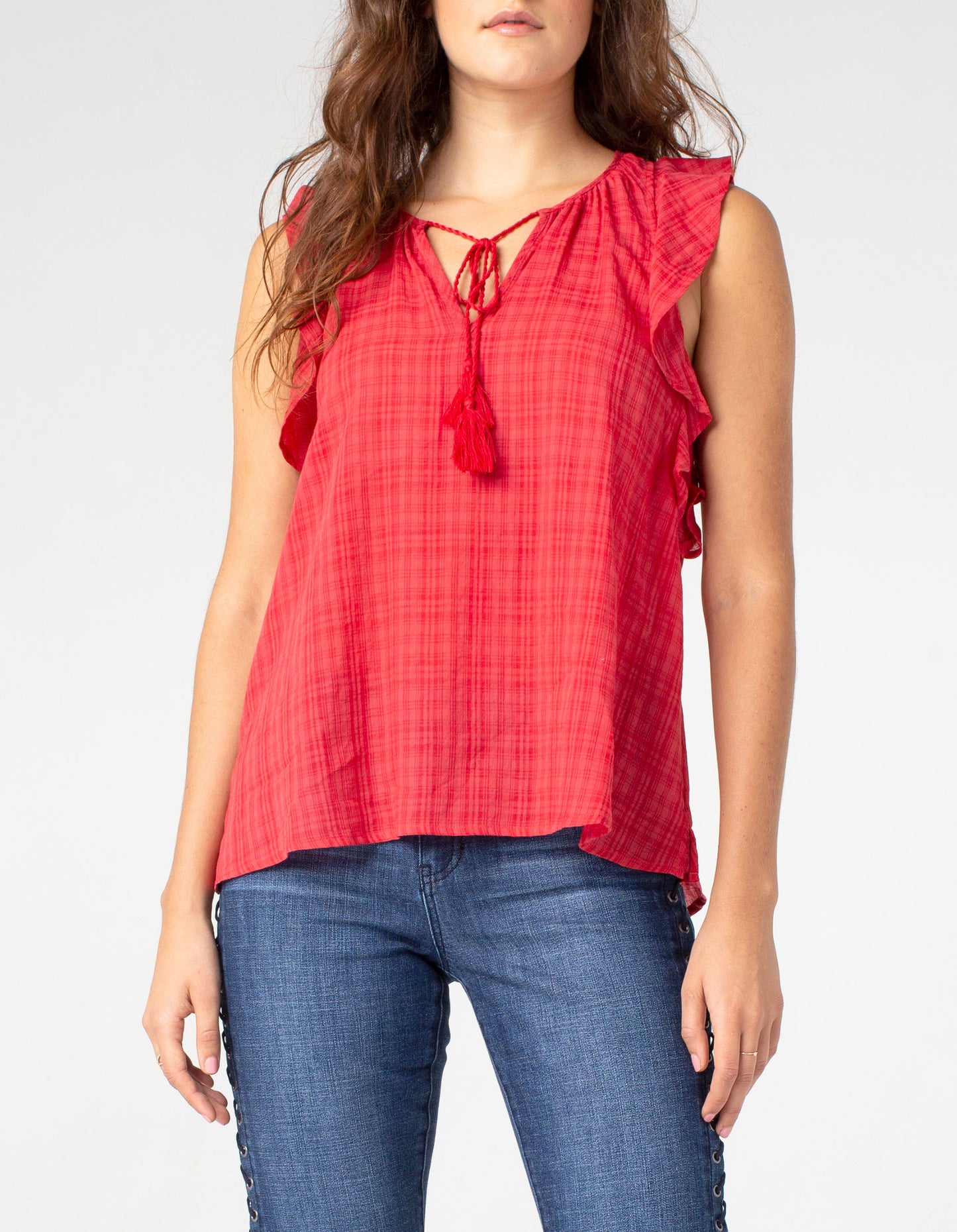 Liverpool Tie Front Blouse w/ Cascading Ruffle