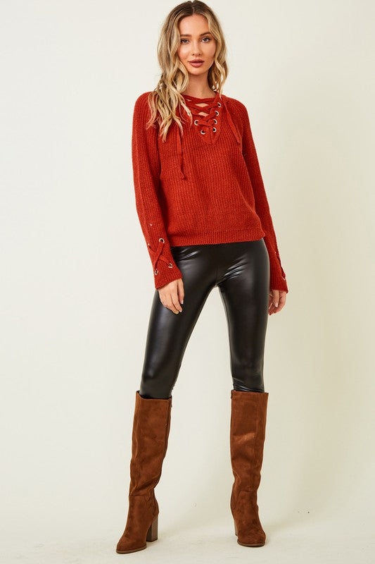 V-Neck Long Sleeve Sweater with Eyelet Trim on Sleeves