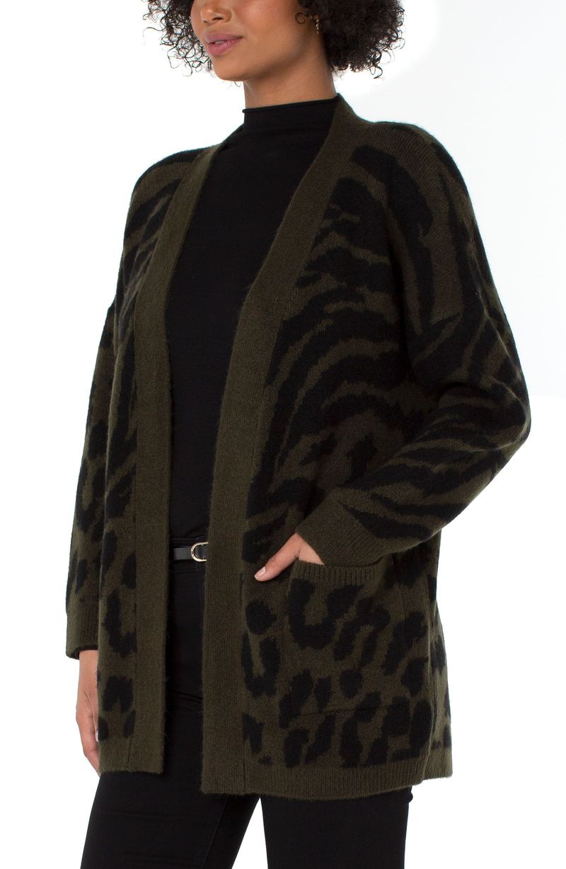 Liverpool Open Front Cardigan Sweater (Green Animal Print)