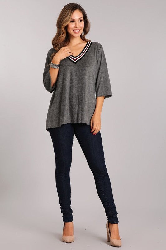 V-Neck Tape Trim 3/4 Sleeve Top