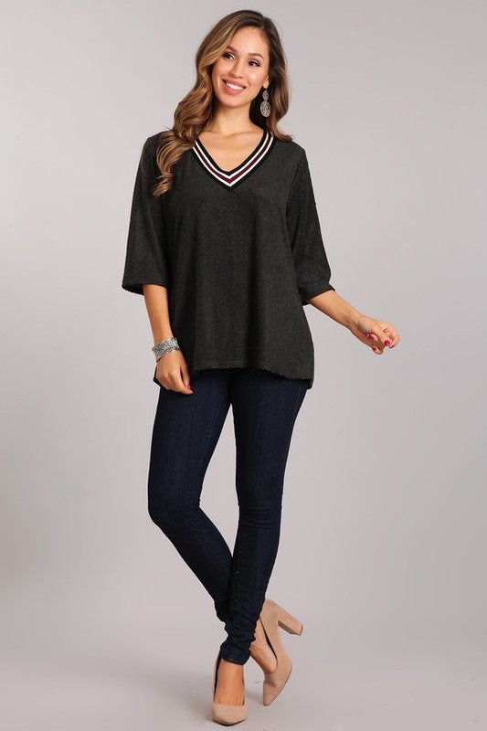 V-Neck Tape Trim 3/4 Sleeve Top