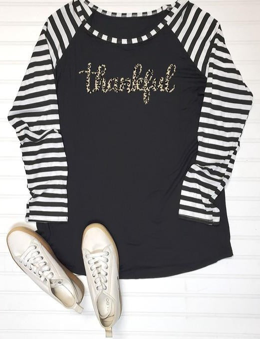 Thankful Leopard Print Long Sleeve Stripe Baseball Top