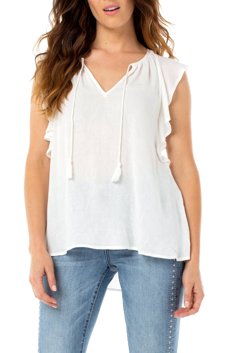 Liverpool Tie Front Blouse w/ Cascading Ruffle