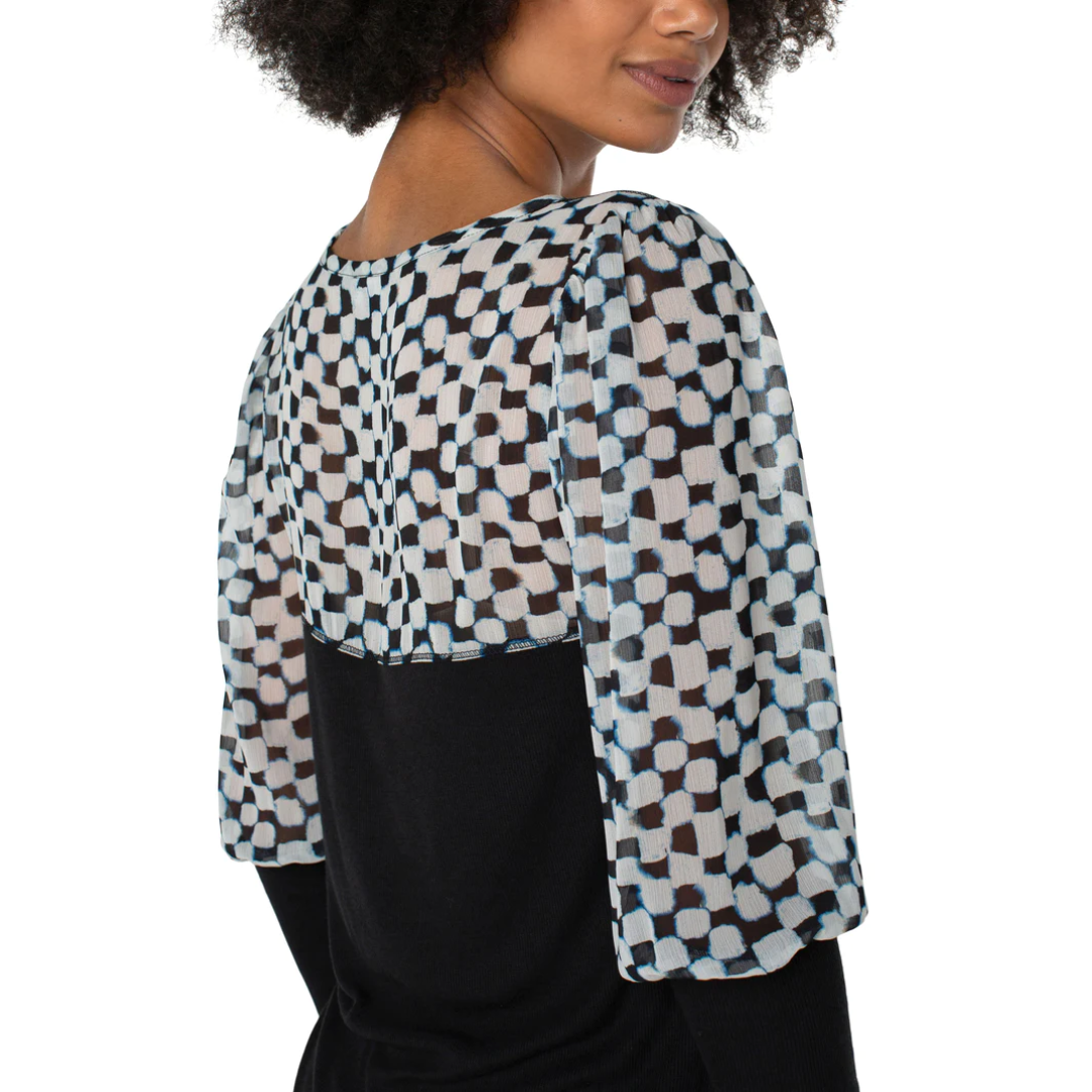 Liverpool Knit to Woven Long Sleeve Pullover Top (black checkered pattern)