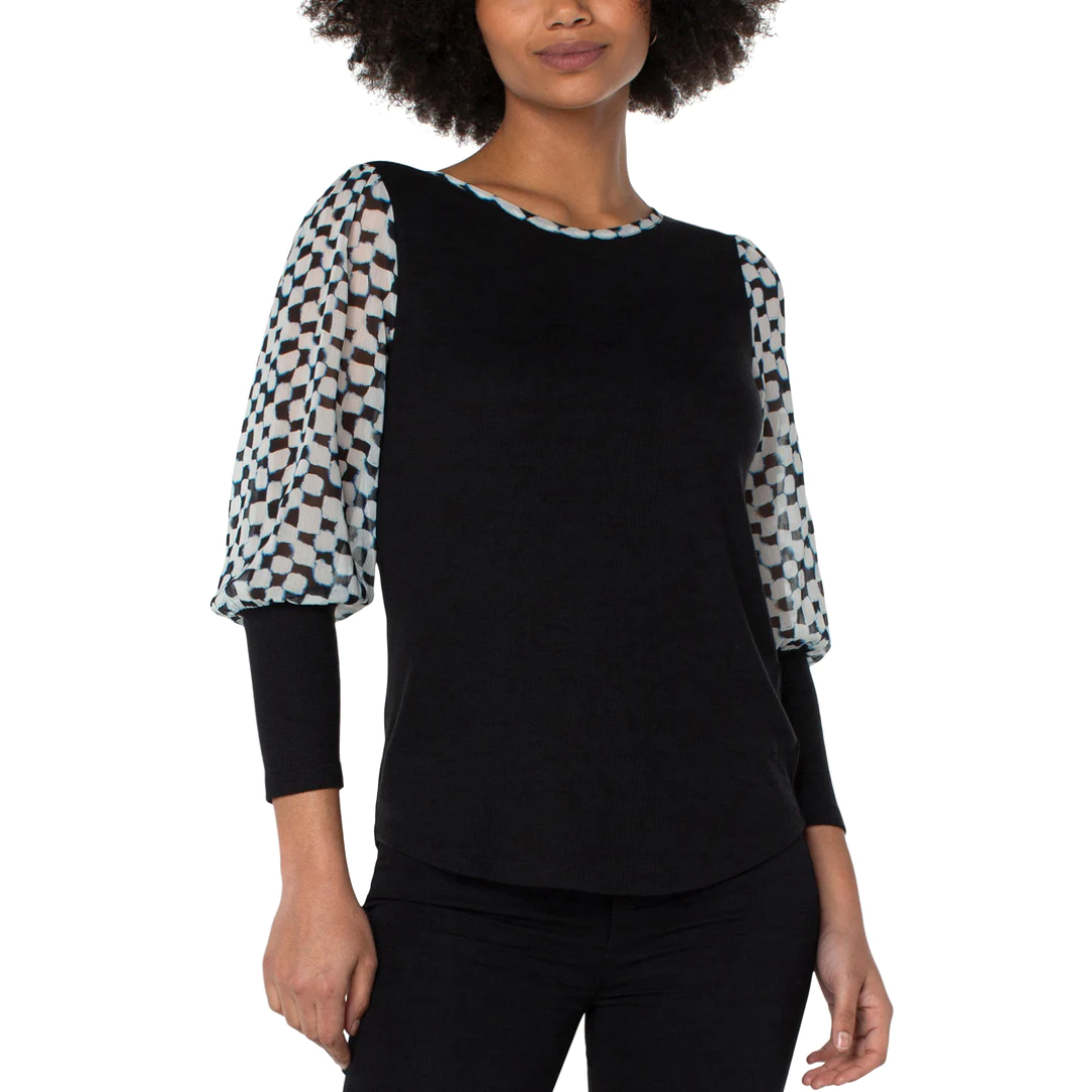 Liverpool Knit to Woven Long Sleeve Pullover Top (black checkered pattern)