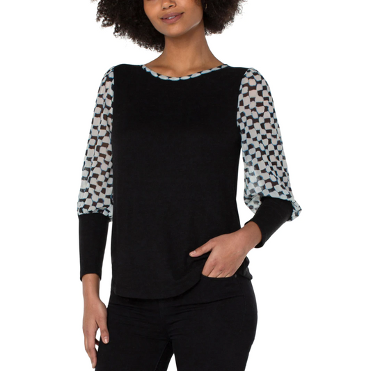 Liverpool Knit to Woven Long Sleeve Pullover Top (black checkered pattern)