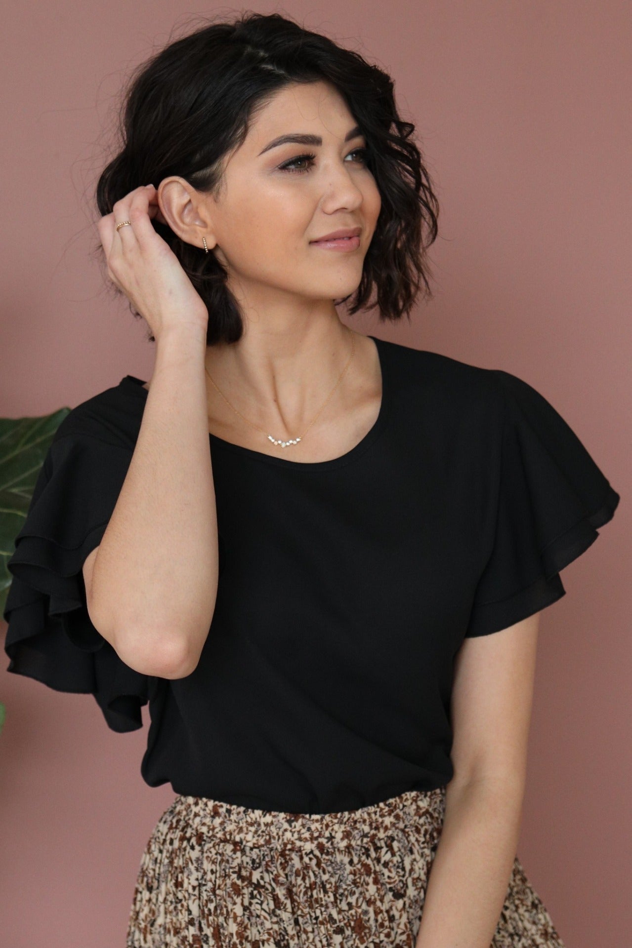 Black Ruffled Sleeve Top