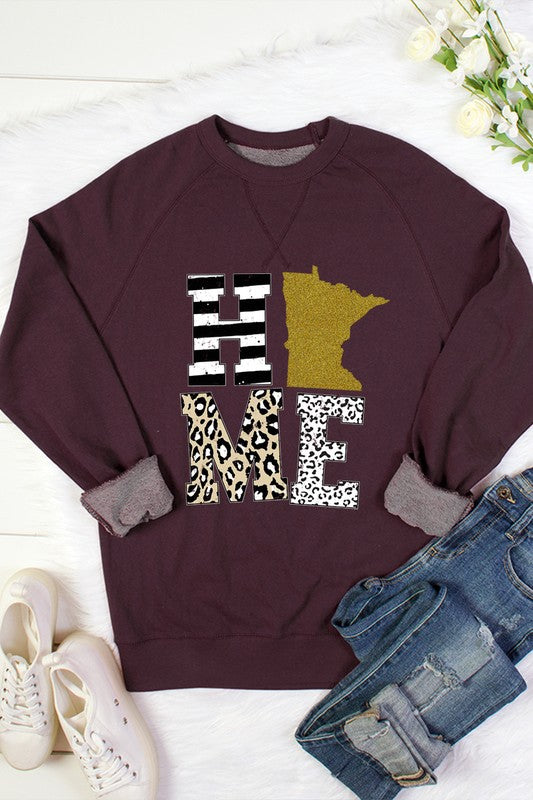 HOME Animal Print Gold Glitter State Patch Crew Neck