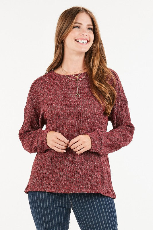 Two-tone soft knit long sleeve top with button back detail