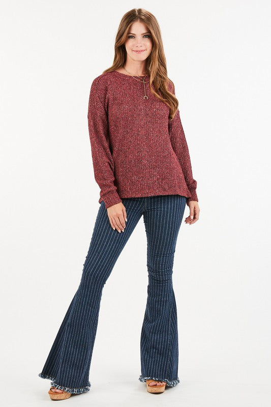 Two-tone soft knit long sleeve top with button back detail