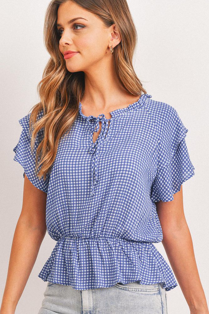 Gingham Crinkle Gauze Ruffle Sleeve Top