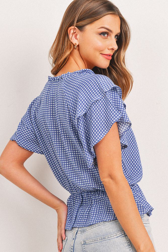 Gingham Crinkle Gauze Ruffle Sleeve Top