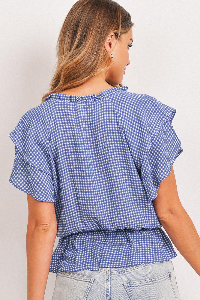 Gingham Crinkle Gauze Ruffle Sleeve Top