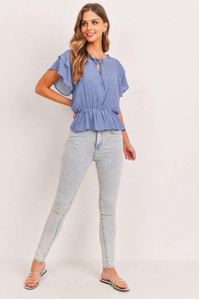 Gingham Crinkle Gauze Ruffle Sleeve Top