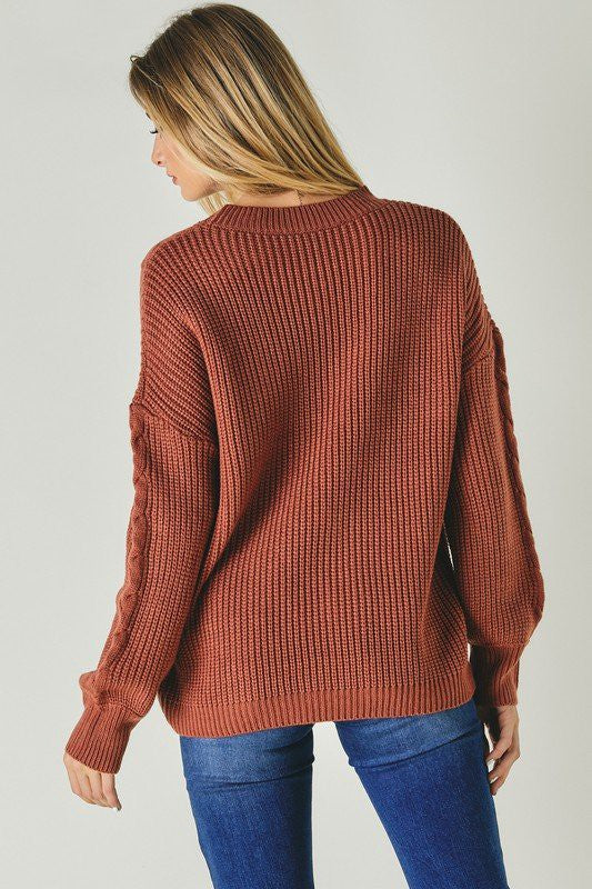 Round Neck Sweater with Cable Accents