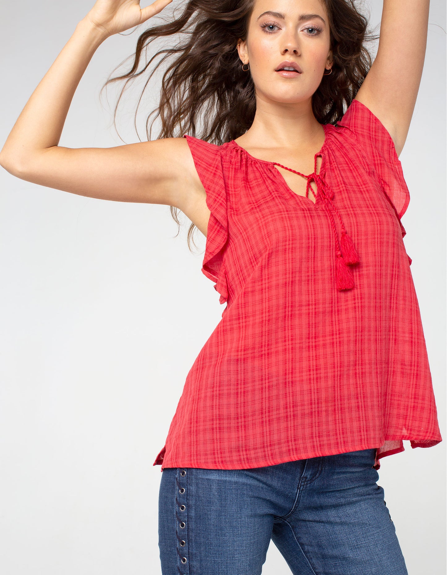 Liverpool Tie Front Blouse w/ Cascading Ruffle