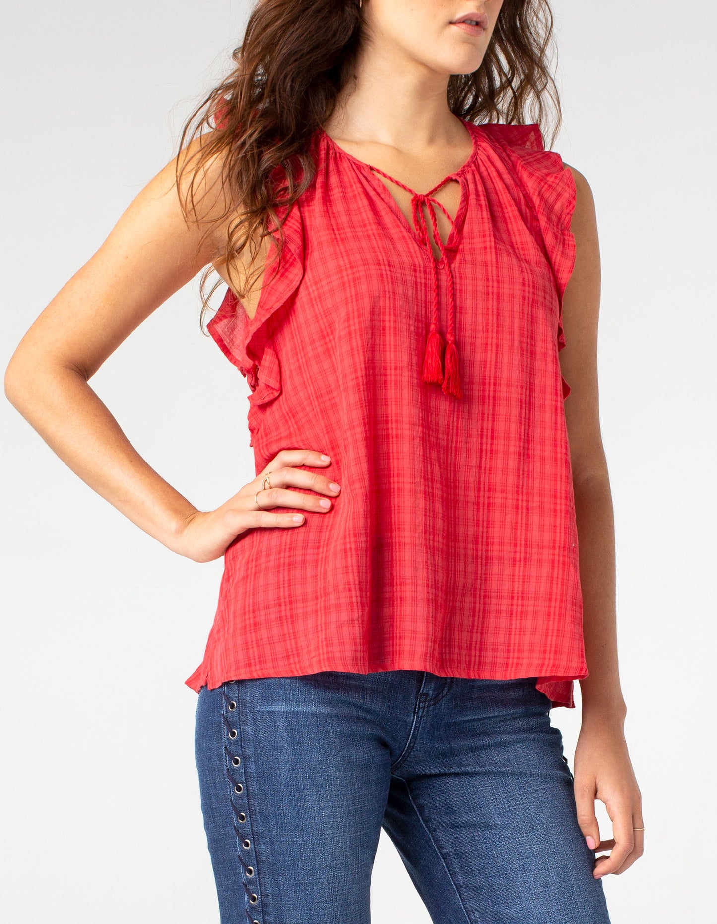 Liverpool Tie Front Blouse w/ Cascading Ruffle