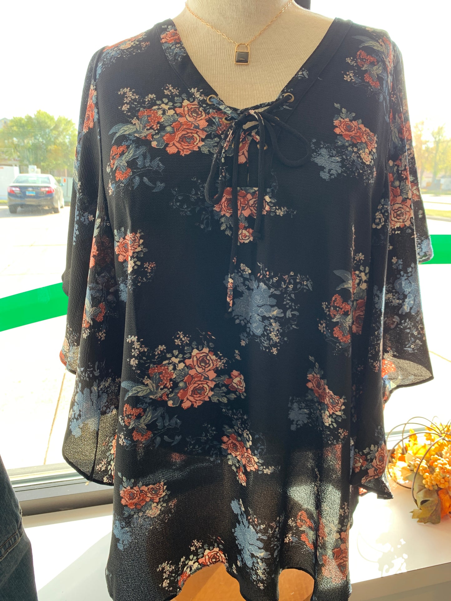 Floral V-Neck Top with Lace Up Front Detail ~ Plus Size