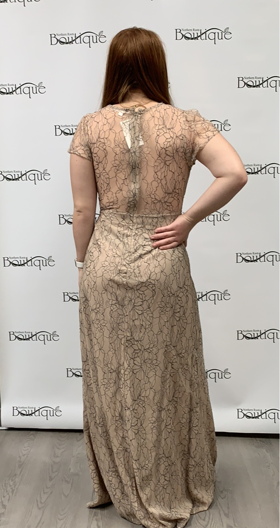 Taupe Lace long dress with flowers.