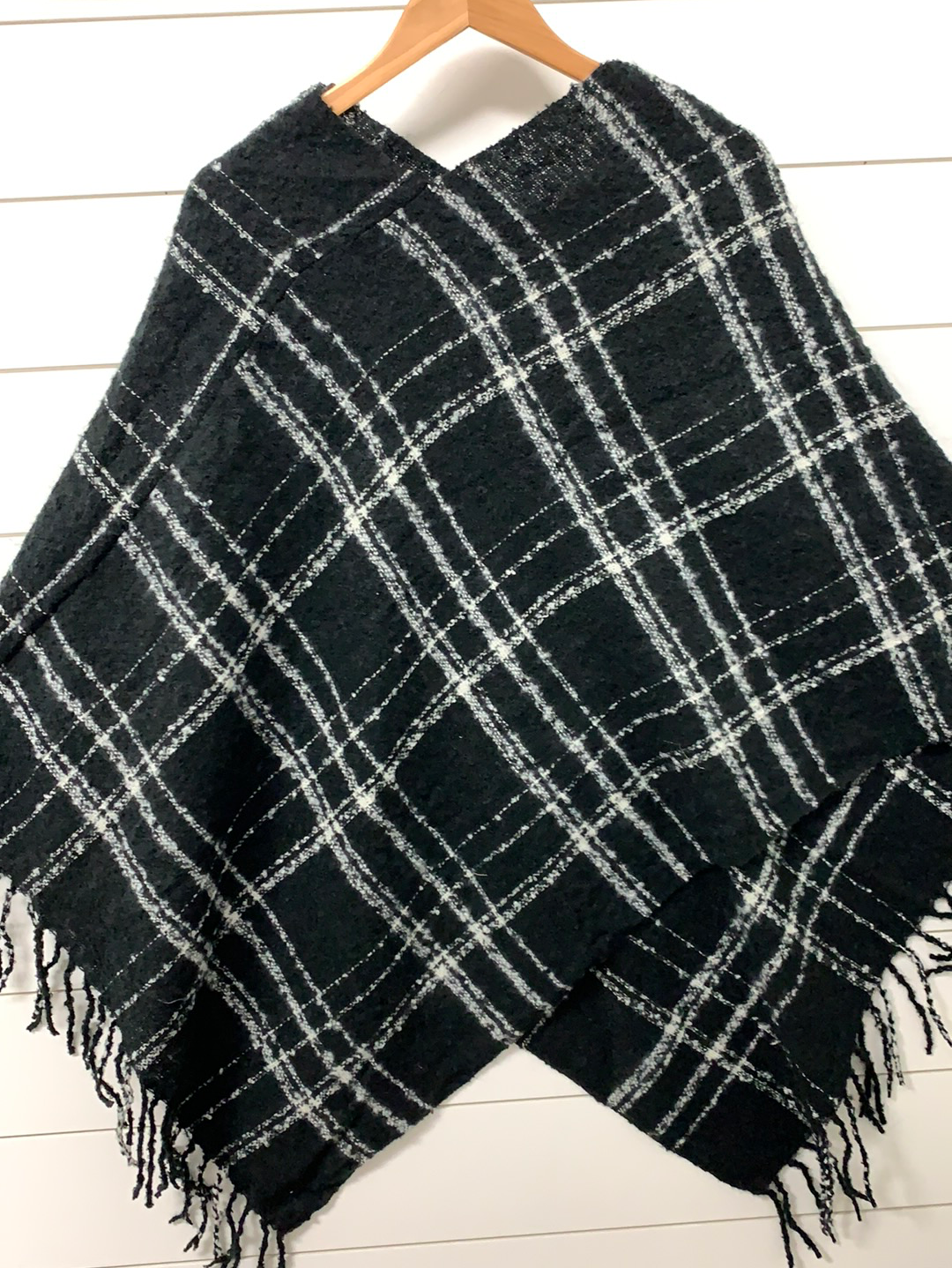 Plaid print poncho with fringes