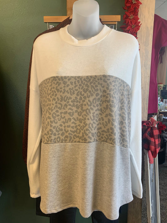 Long Sleeve Crew Neck Mixed Leopard Pattern