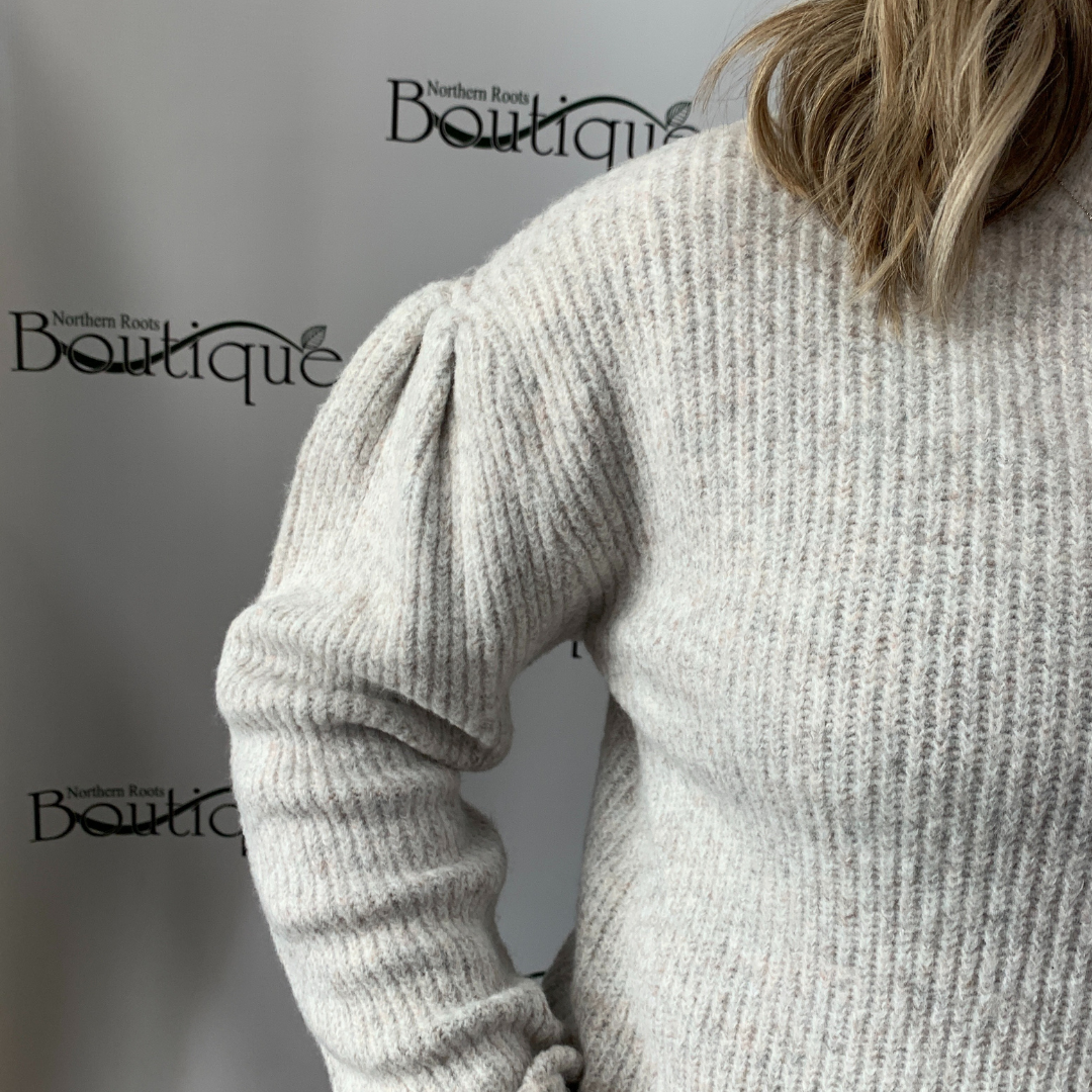 Puff Shoulder Mock Neck Ribbed Sweater