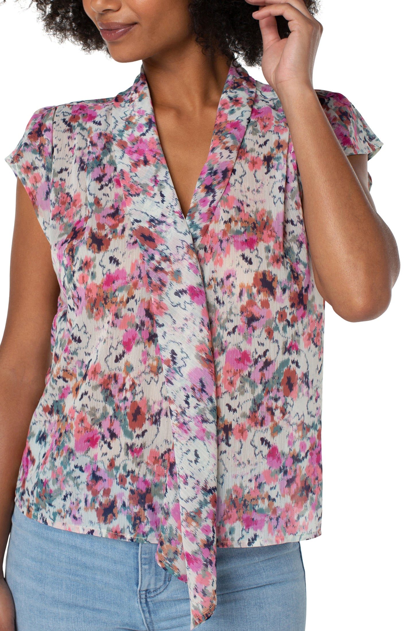 Liverpool Sleeveless Blouse w Front Drape (Painted Floral)