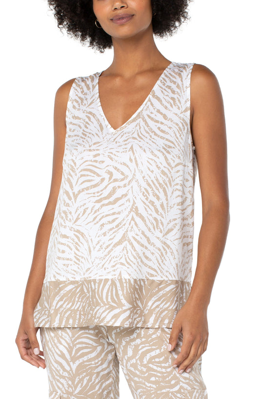 Liverpool sleeveless v-neck side slit top (latte/white tiger)