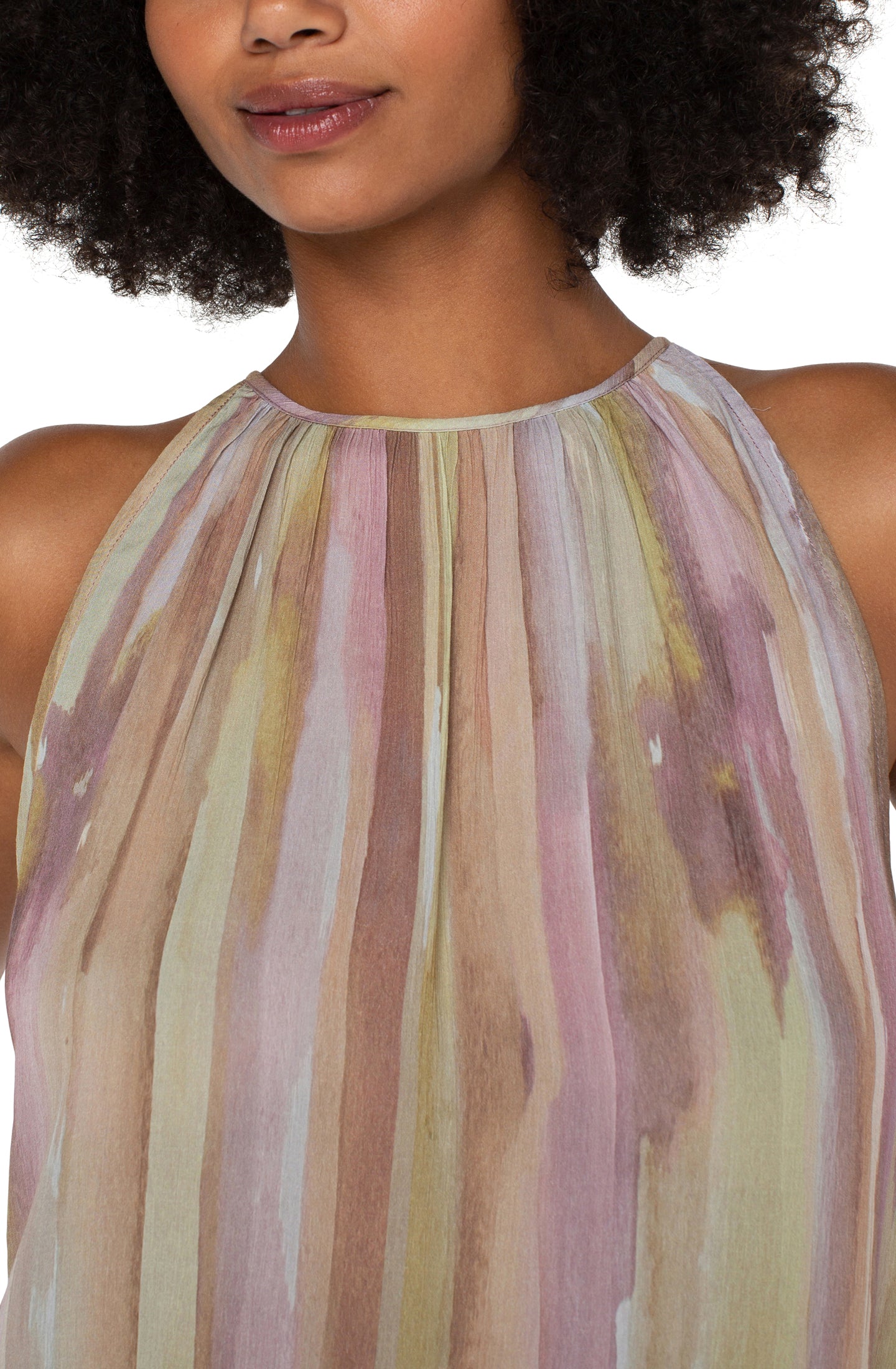 Liverpool Sleeveless Mock Neck Halter Top (Watercolor Stripe)