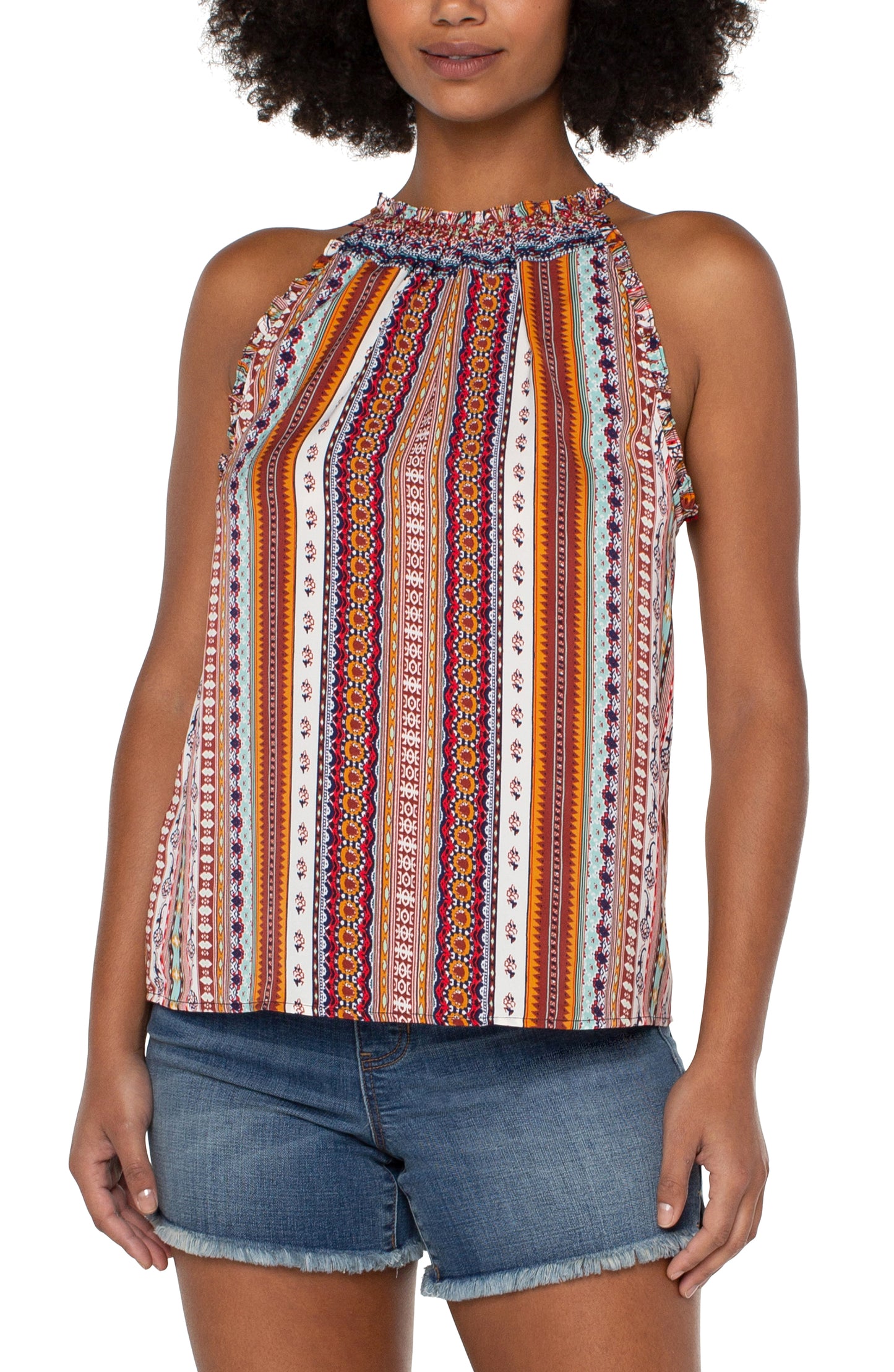 Liverpool sleeveless halter top w ruffles (carousel stripe)