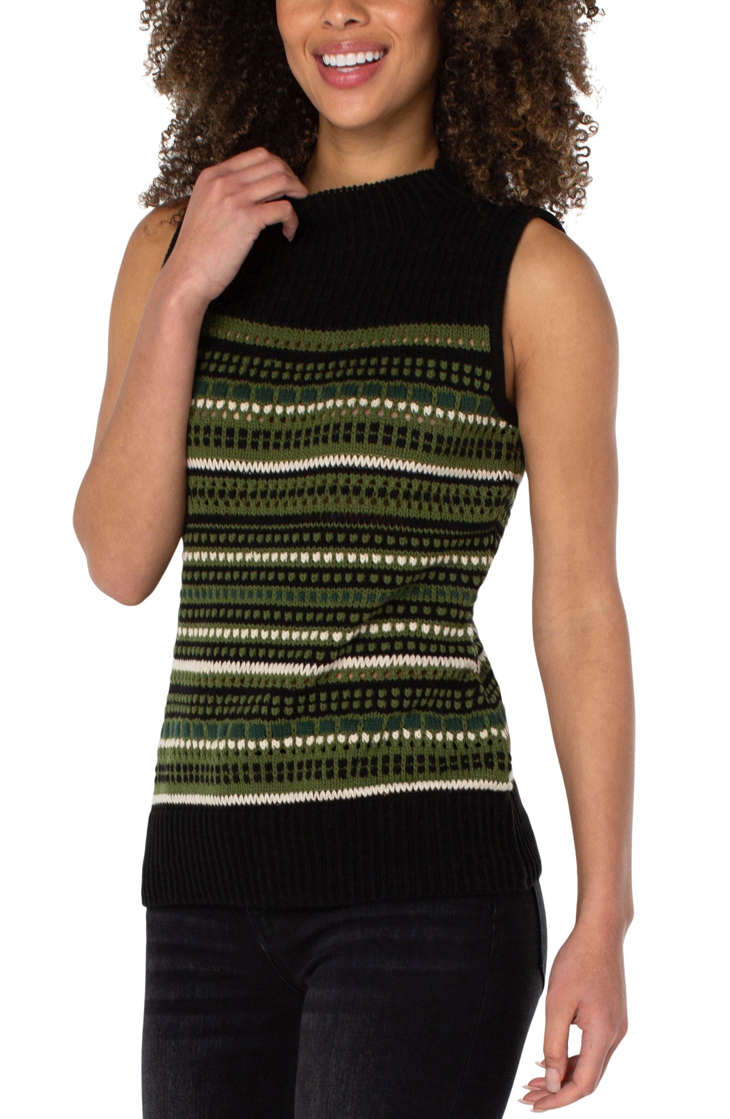 Liverpool Sleeveless Mock Neck Lace Stitch Stripe Sweater Vest