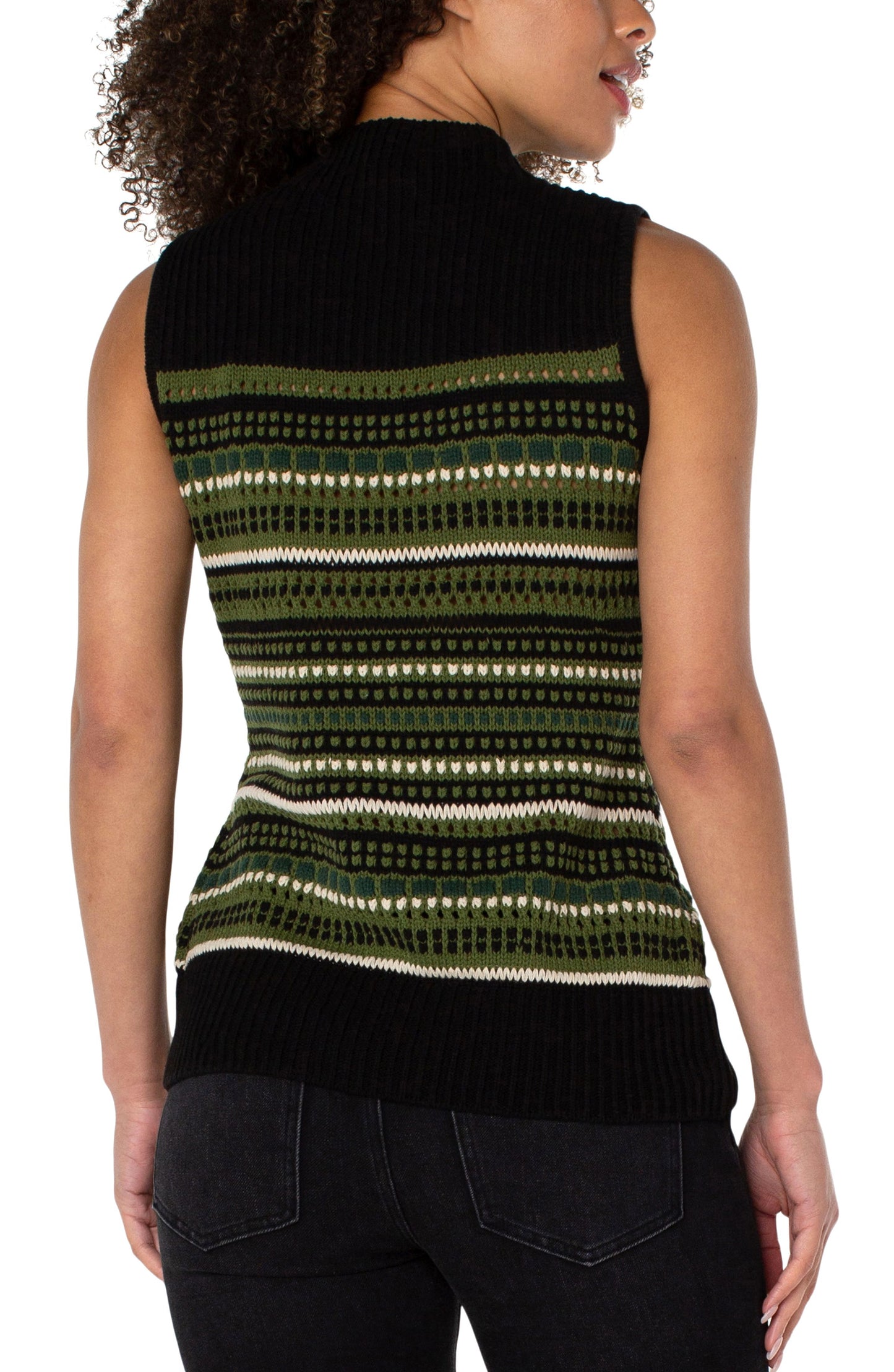 Liverpool Sleeveless Mock Neck Lace Stitch Stripe Sweater Vest